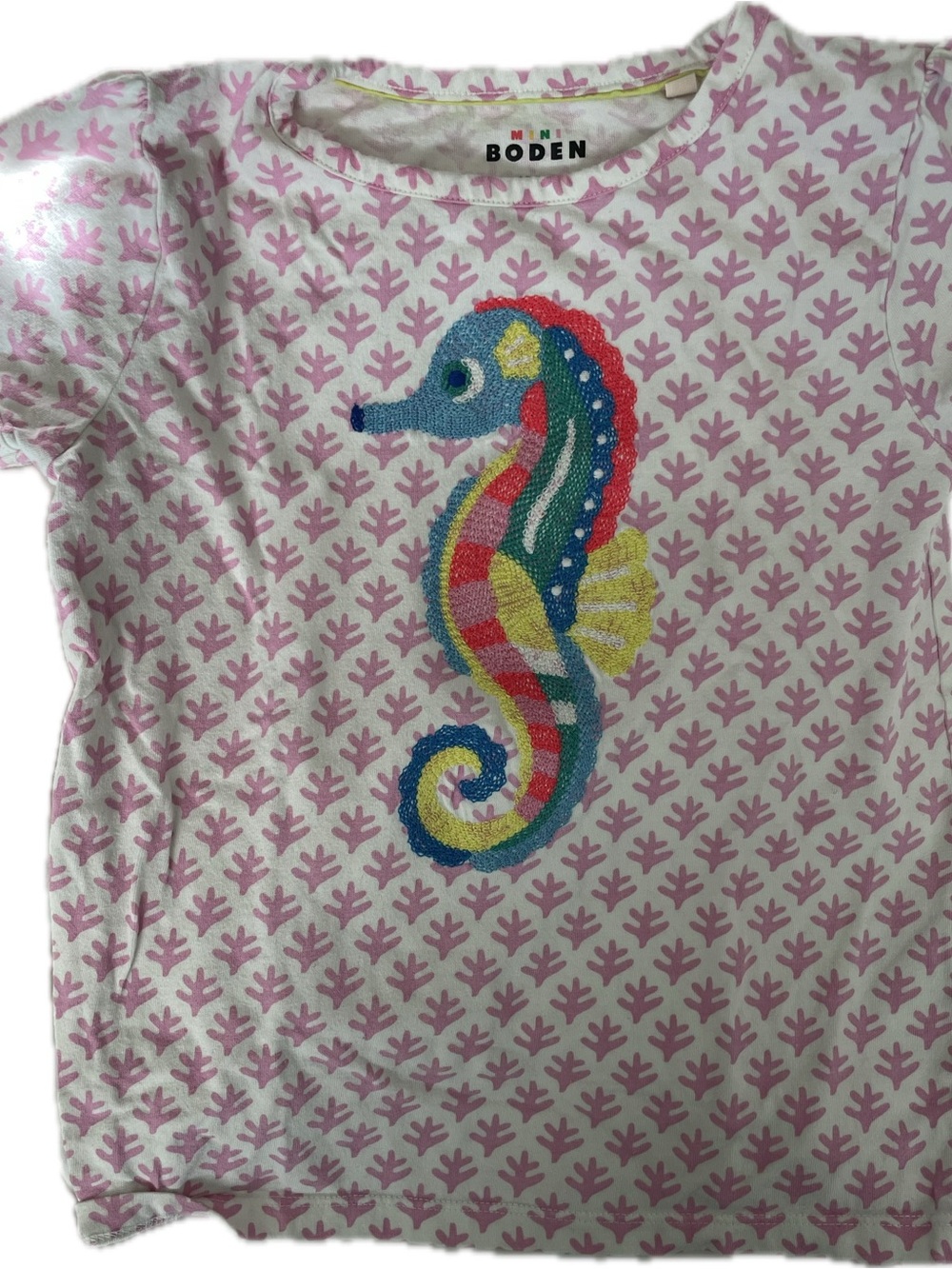 Mini Boden Pink Tee with Colorful Seahorse Appliqué